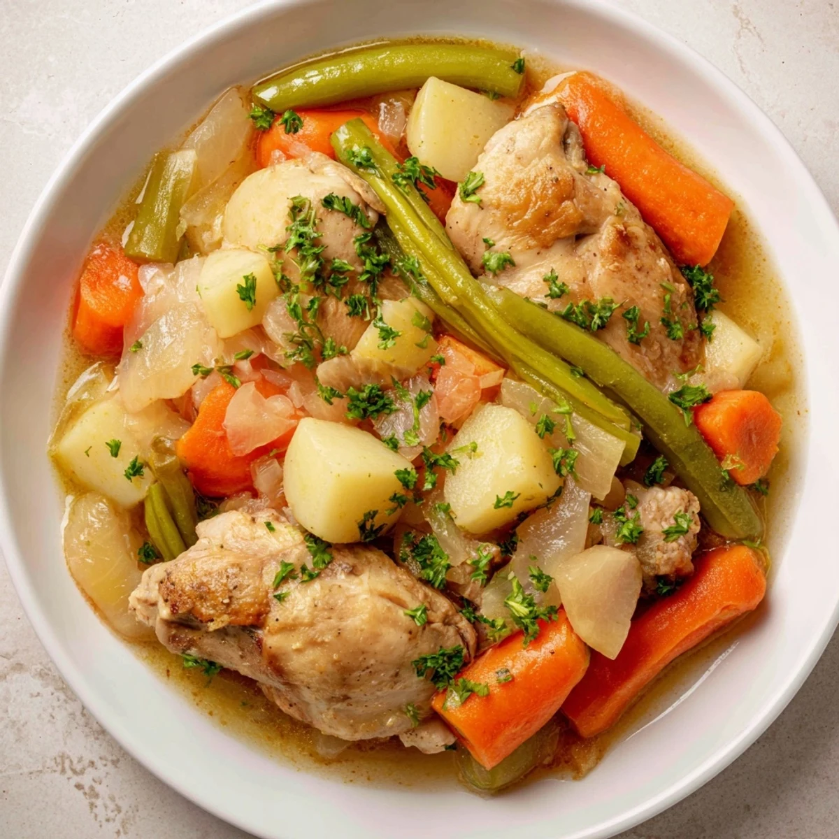 Savor the aroma of a slow-cooked Slow-Cooker Chicken & Vegetable Stew, perfect for a cozy dinner.