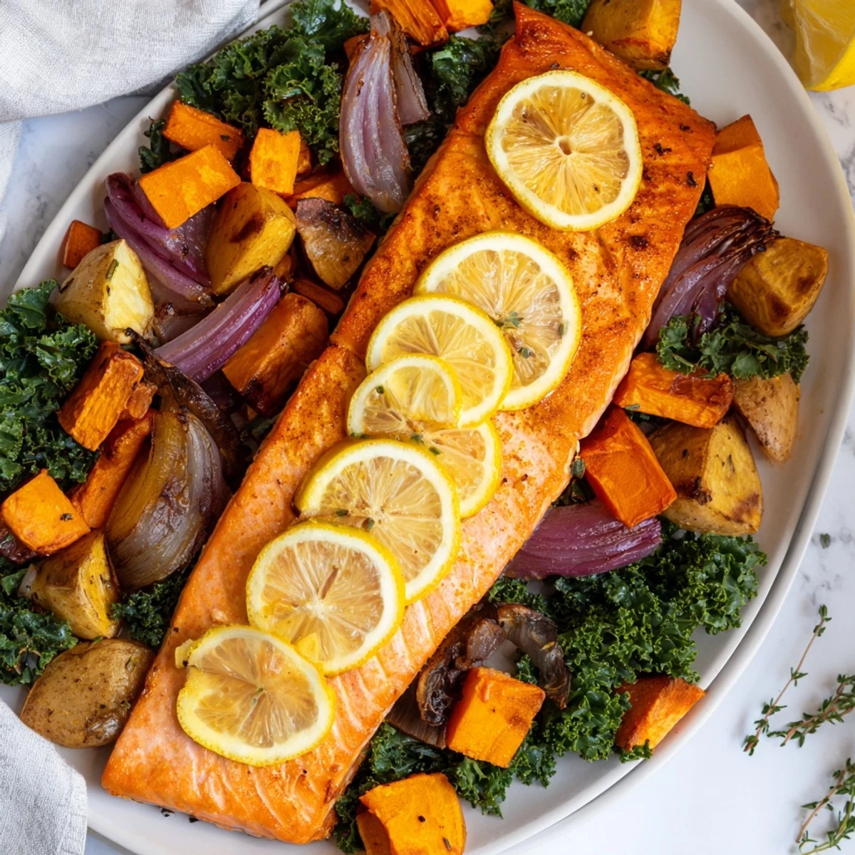 Enjoy a healthy serving of Sheet-Pan Salmon with colorful roasted root vegetables and greens.