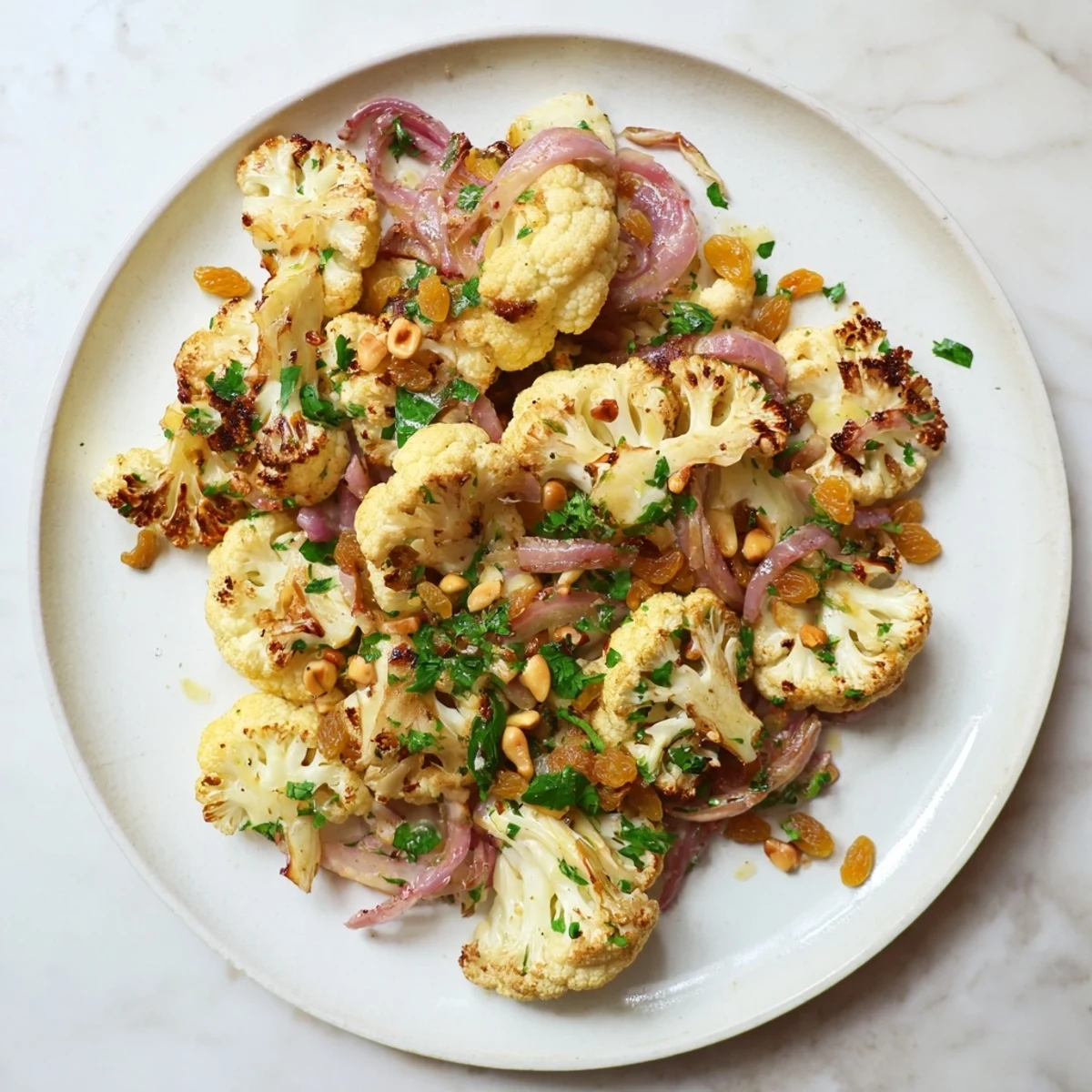 Golden roasted cauliflower salad with lemon pine-nut dressing, ready to eat and enjoy.