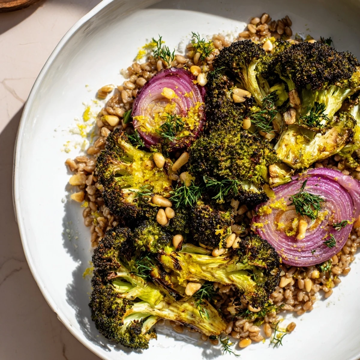 Golden roasted broccoli with its garlic-lemon dressing served over a farro base.