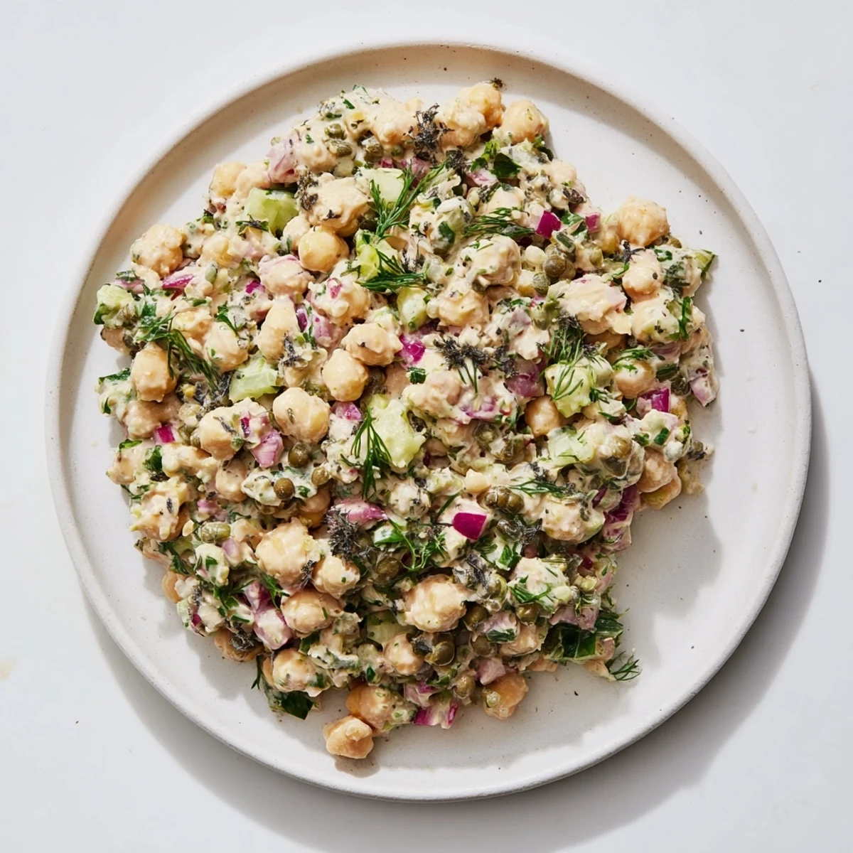 A bowl of delicious chickpea tuna salad, perfect for quick lunches, paired with fresh green salad.