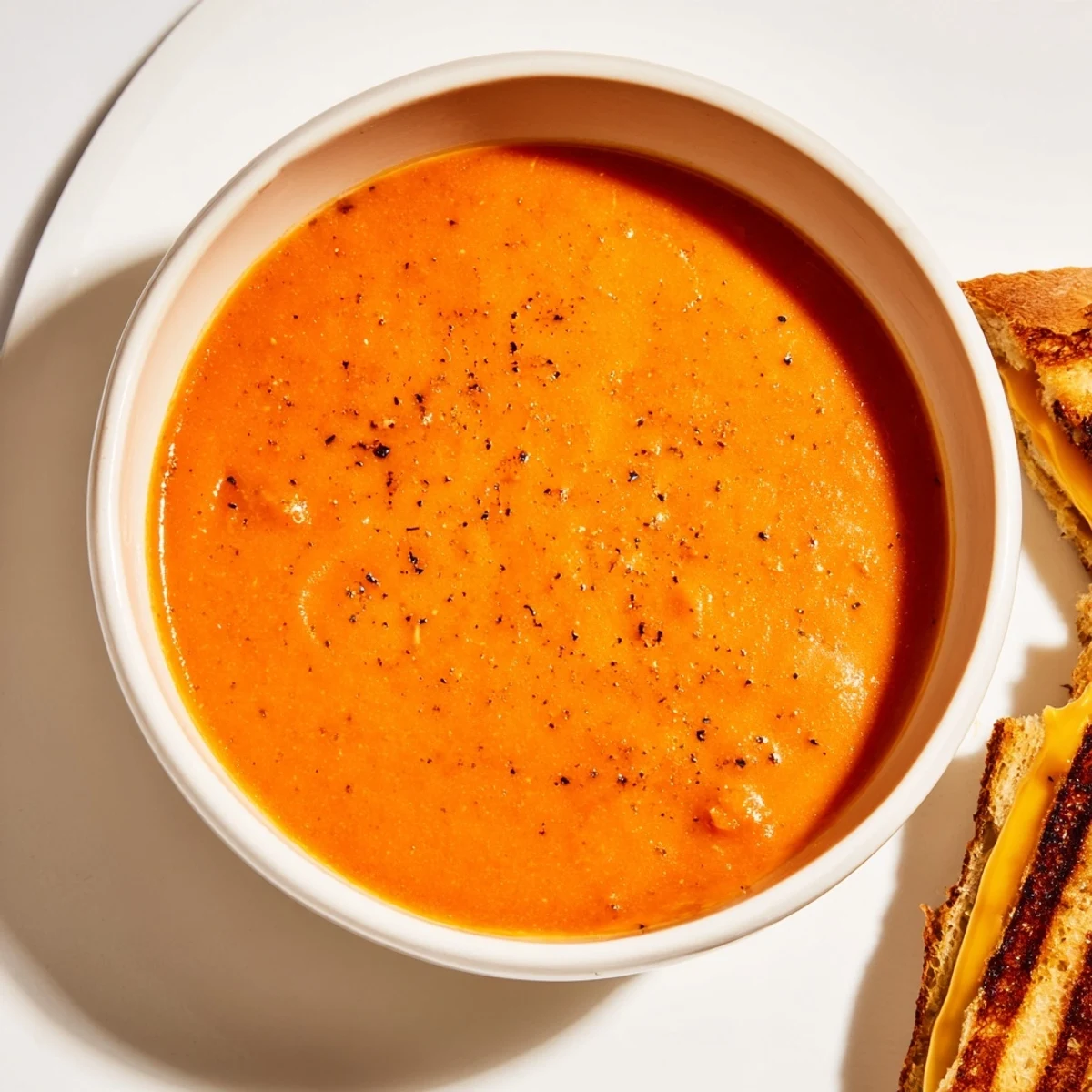 Warm, inviting photo: steaming 5-ingredient tomato soup with golden grilled cheese ready for dunking.