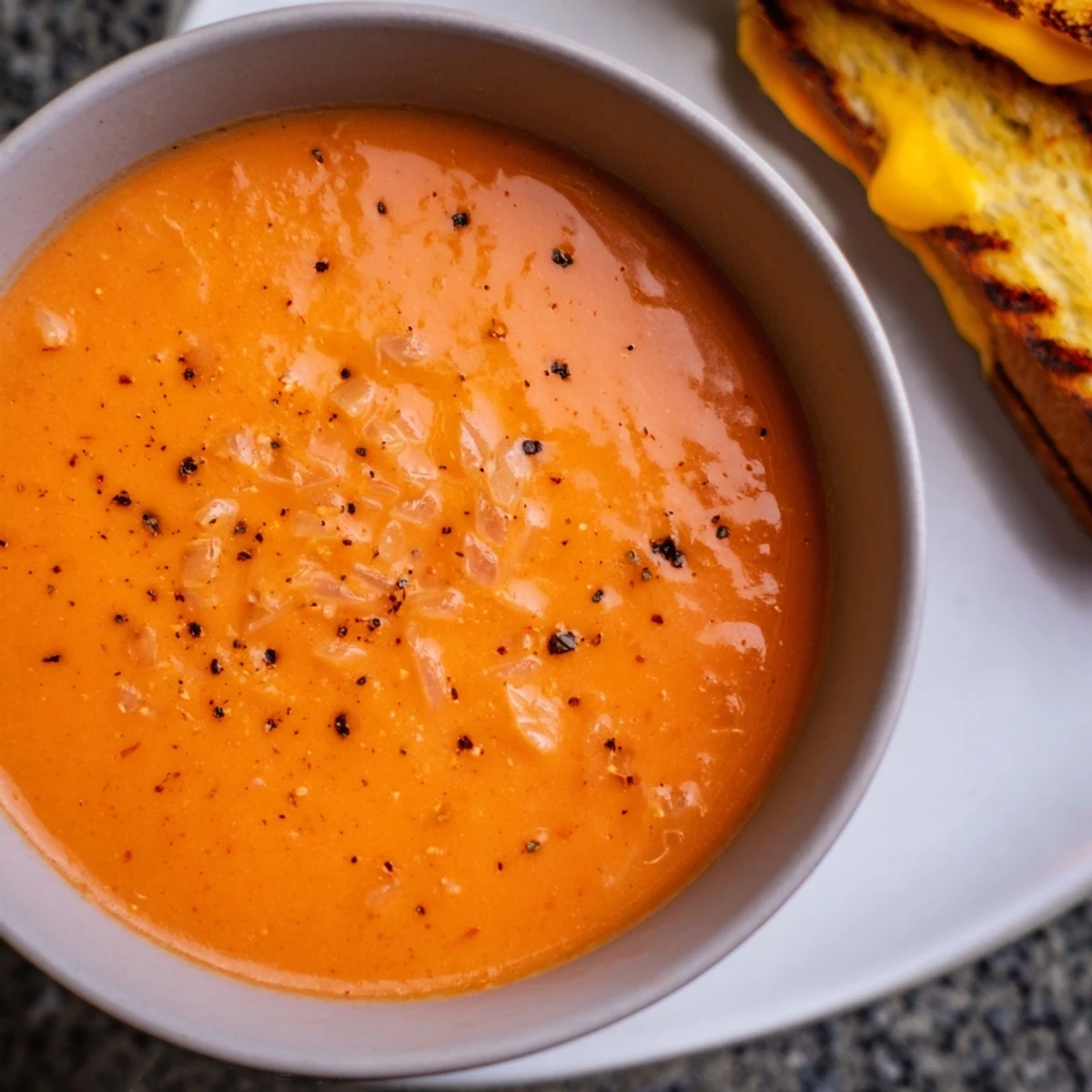 A close-up of a bowl of creamy 5-ingredient tomato soup with grilled cheese, ideal for dipping and enjoying.