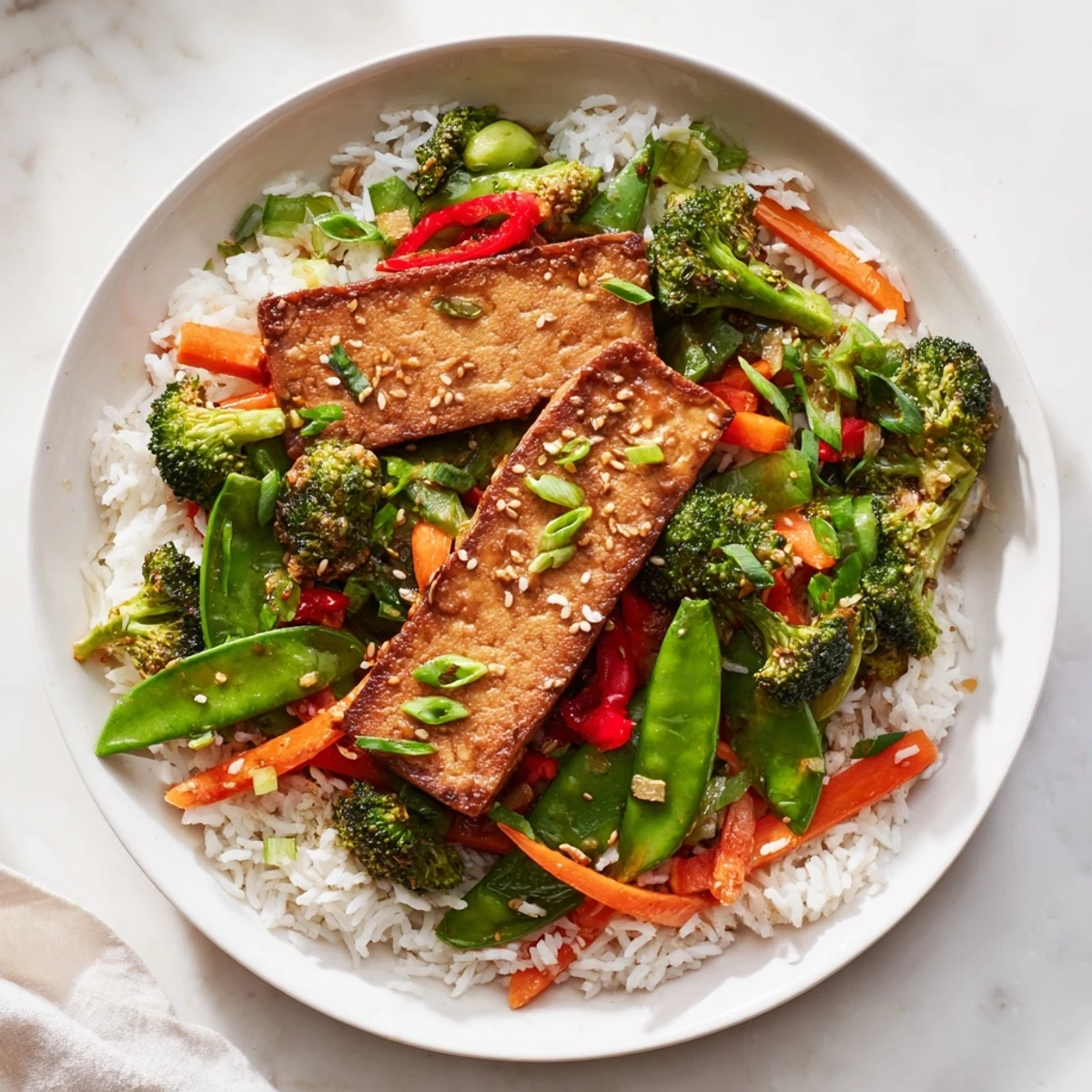 Golden-brown pressed tofu steaks sit atop vibrant stir-fried veggies with fluffy rice, a complete meal.