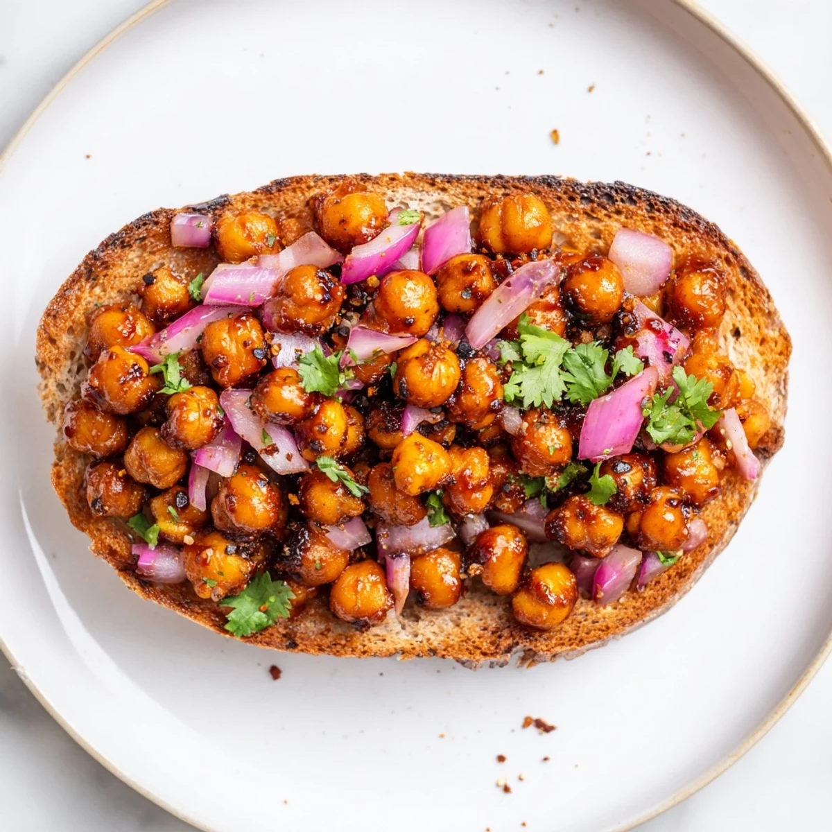 Savory BBQ chickpeas on toast with a vibrant sauce, ready to be enjoyed as a satisfying main dish.