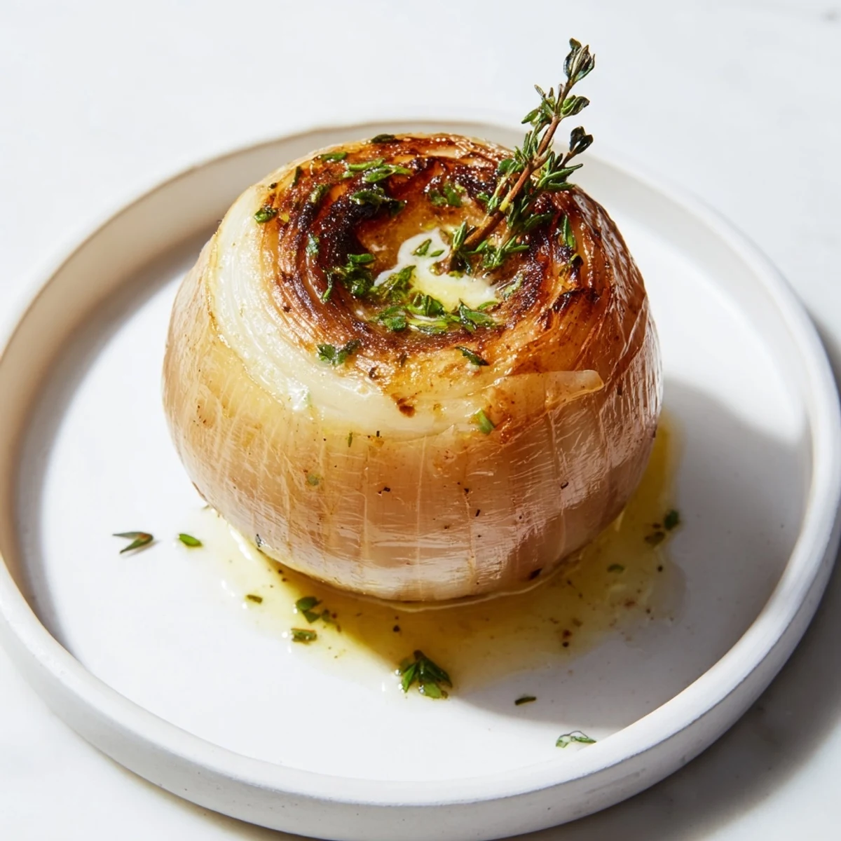 A glistening Onion Boil, showing soft, bronzed onions with herbs, fresh from the oven, ready to serve.