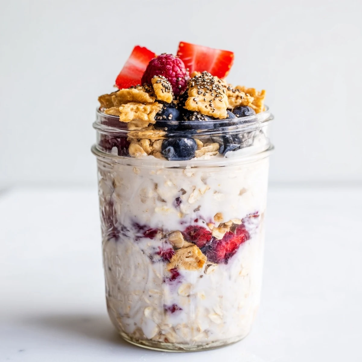 Delicious jar of Overnight Oats, layered with fresh berries and granola for a perfect breakfast.