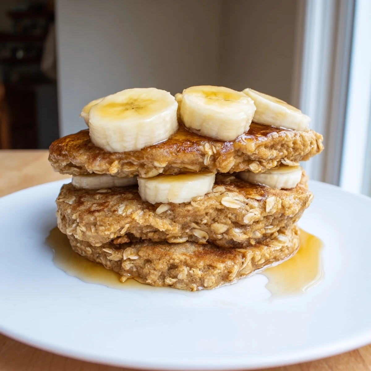 Golden, fluffy banana oat pancakes, stacked high with syrup, perfect for a cozy breakfast.