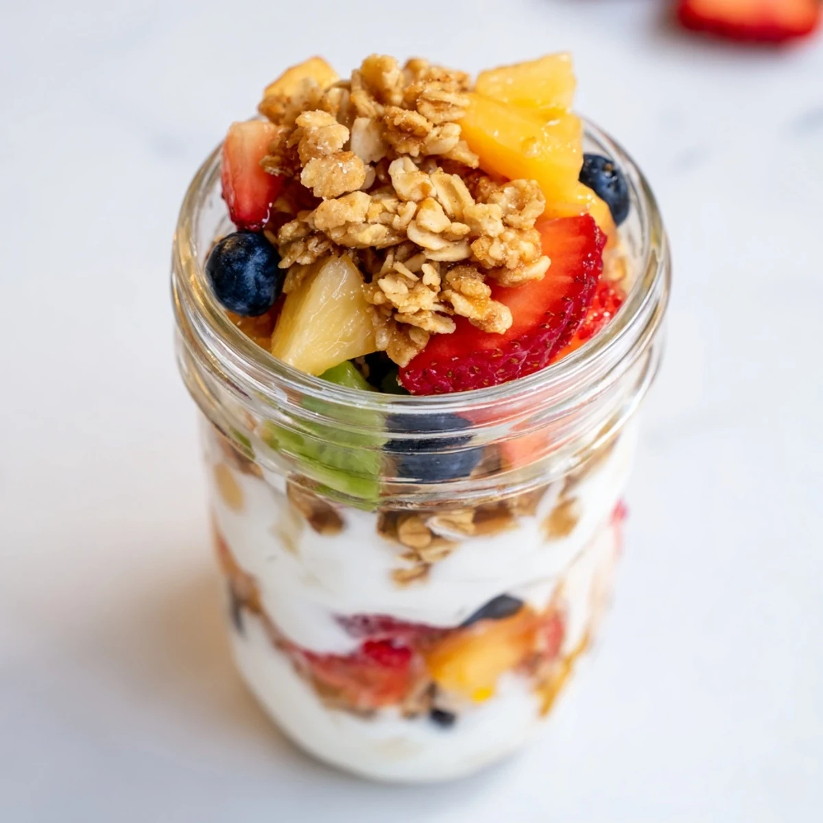 A visually appealing yogurt parfait layers in clear jars: fresh fruit, granola, and creamy Greek yogurt.