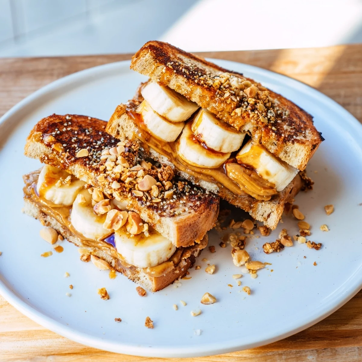 Toasted whole grain bread layered with a gourmet peanut butter and banana sandwich upgrade, drizzled with honey.