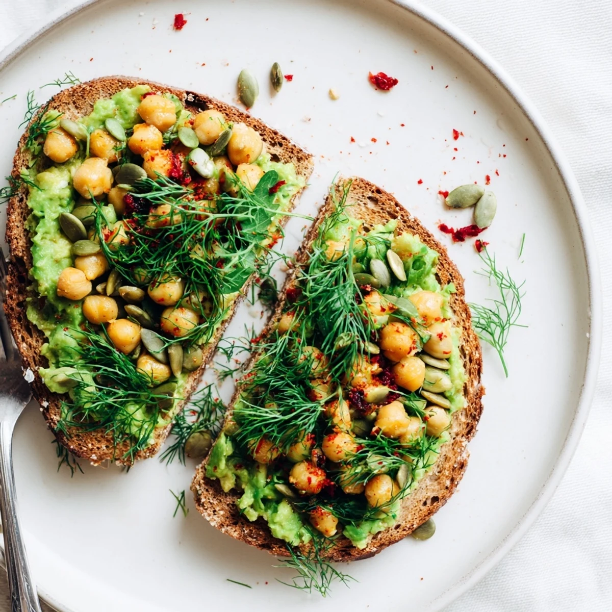 Freshly made avocado toast with chickpeas, herbs, and toasted seeds, ready to enjoy.