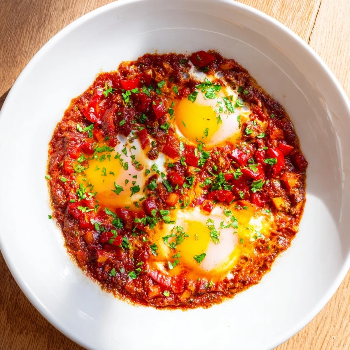 A close-up of vibrant savory baked eggs in tomato sauce, with perfectly cooked yolks dripping.