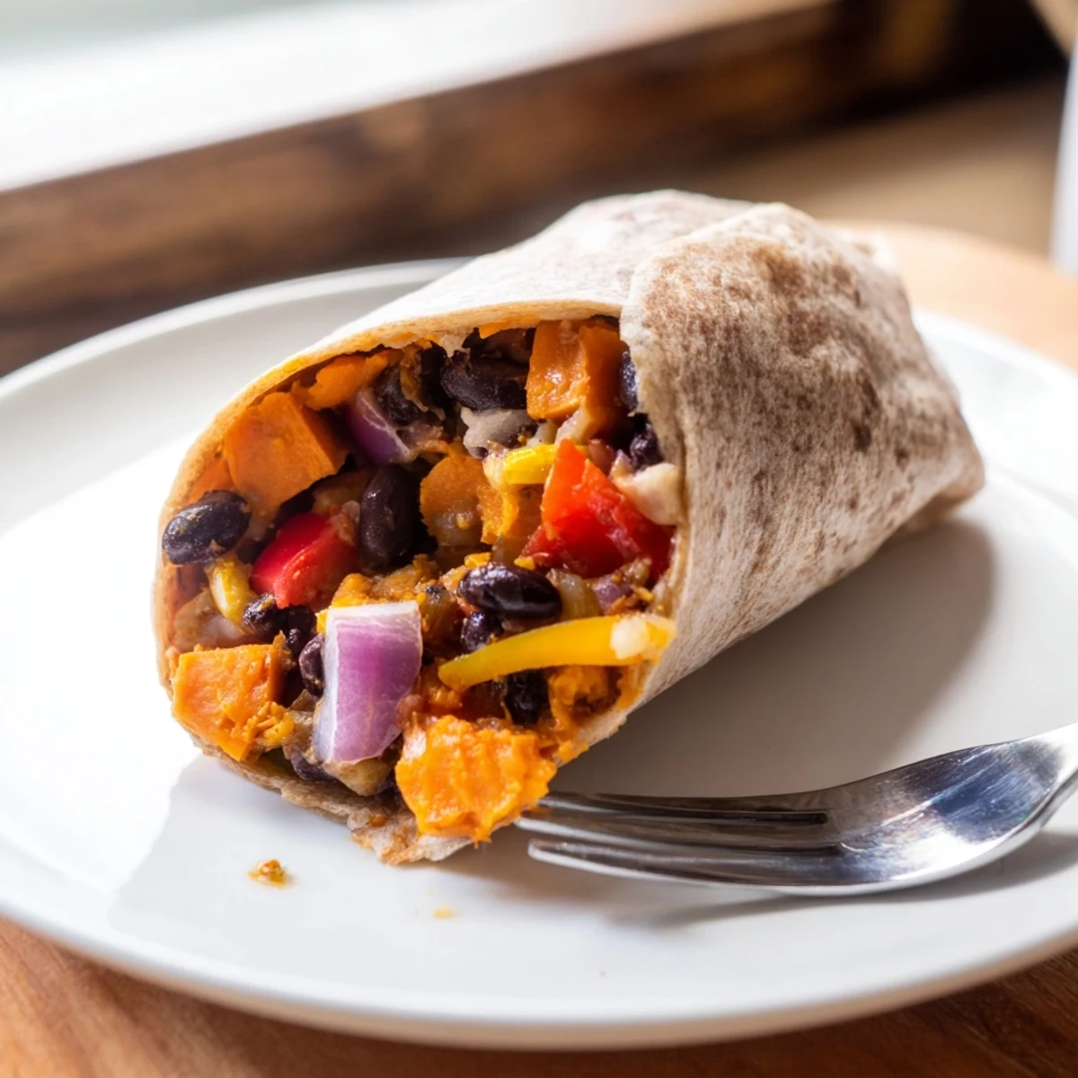 Steaming hot Sweet Potato & Black Bean Breakfast Burrito, showcasing a colorful filling with a spicy salsa drizzle.