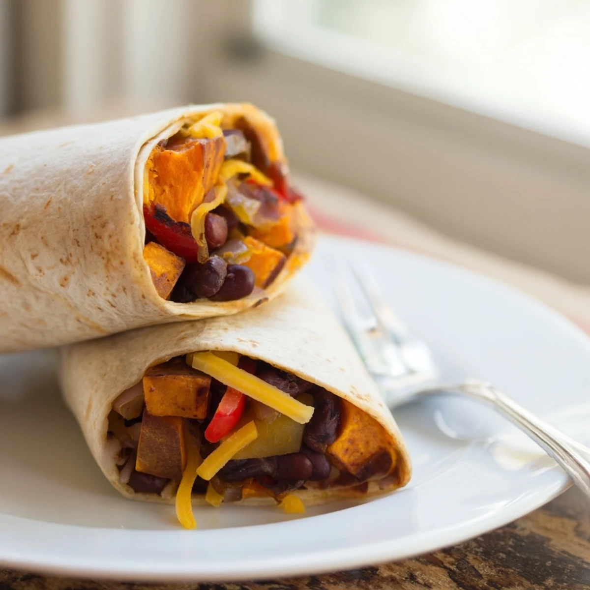A close-up of a delicious Sweet Potato & Black Bean Breakfast Burrito, perfectly wrapped and ready to eat.