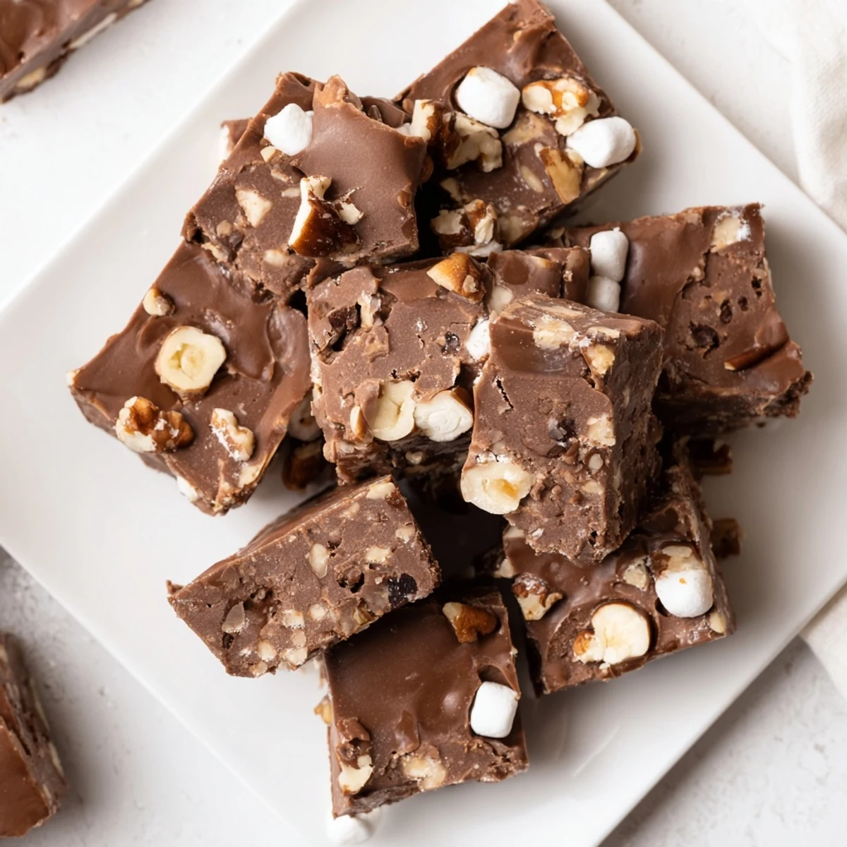 Homemade Easy Marshmallow Fudge, cut into neat squares, offering a rich chocolatey and fluffy treat.