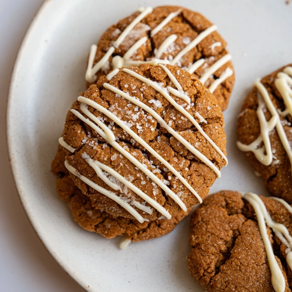 Soft, warm gingerbread latte cookies, drizzled decadently with white chocolate, ready for holiday treats.