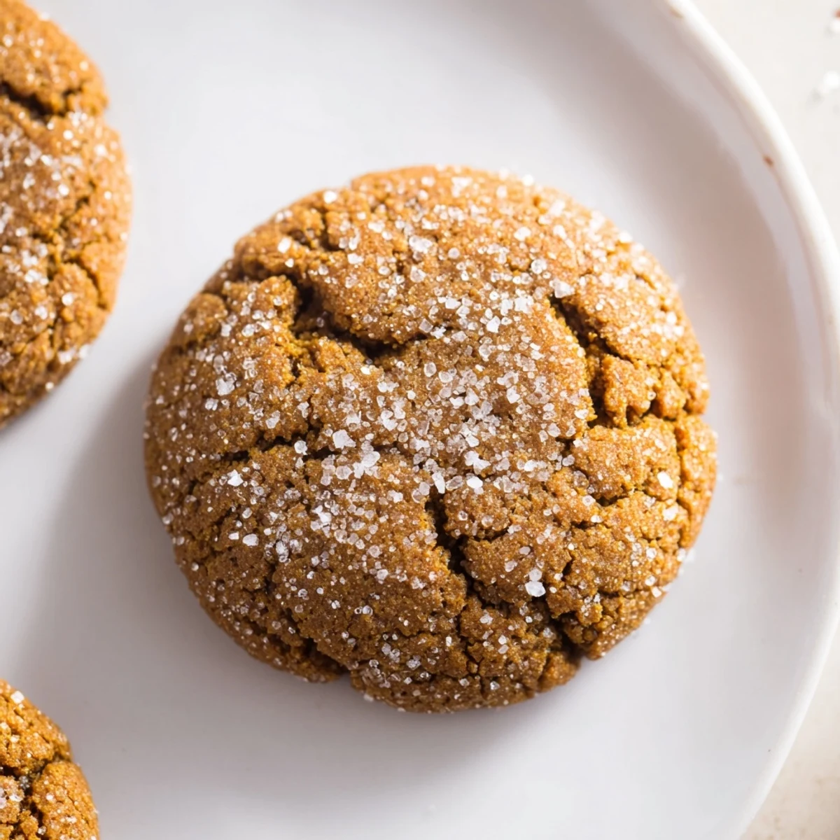 Golden-brown chewy soft molasses cookies with a crackled top and glistening sugar coating, delicious.