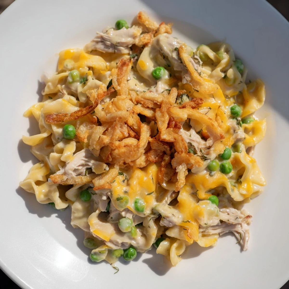 A warm plate of Homemade Tuna Noodle Casserole with melted cheese and crunchy fried onions.