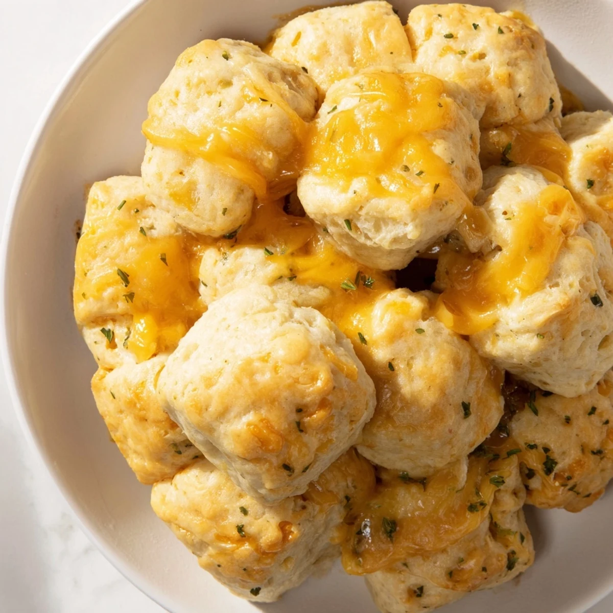 Golden-brown Mini Cheddar Bay Biscuit Pull-Aparts, warm from the oven, with parsley butter glaze.