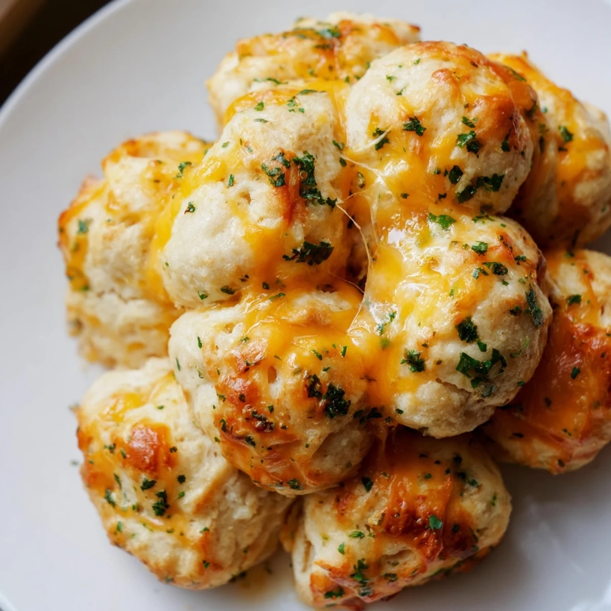 A close-up of pull-apart Mini Cheddar Bay Biscuits, showing layers of cheesy goodness and garlic.