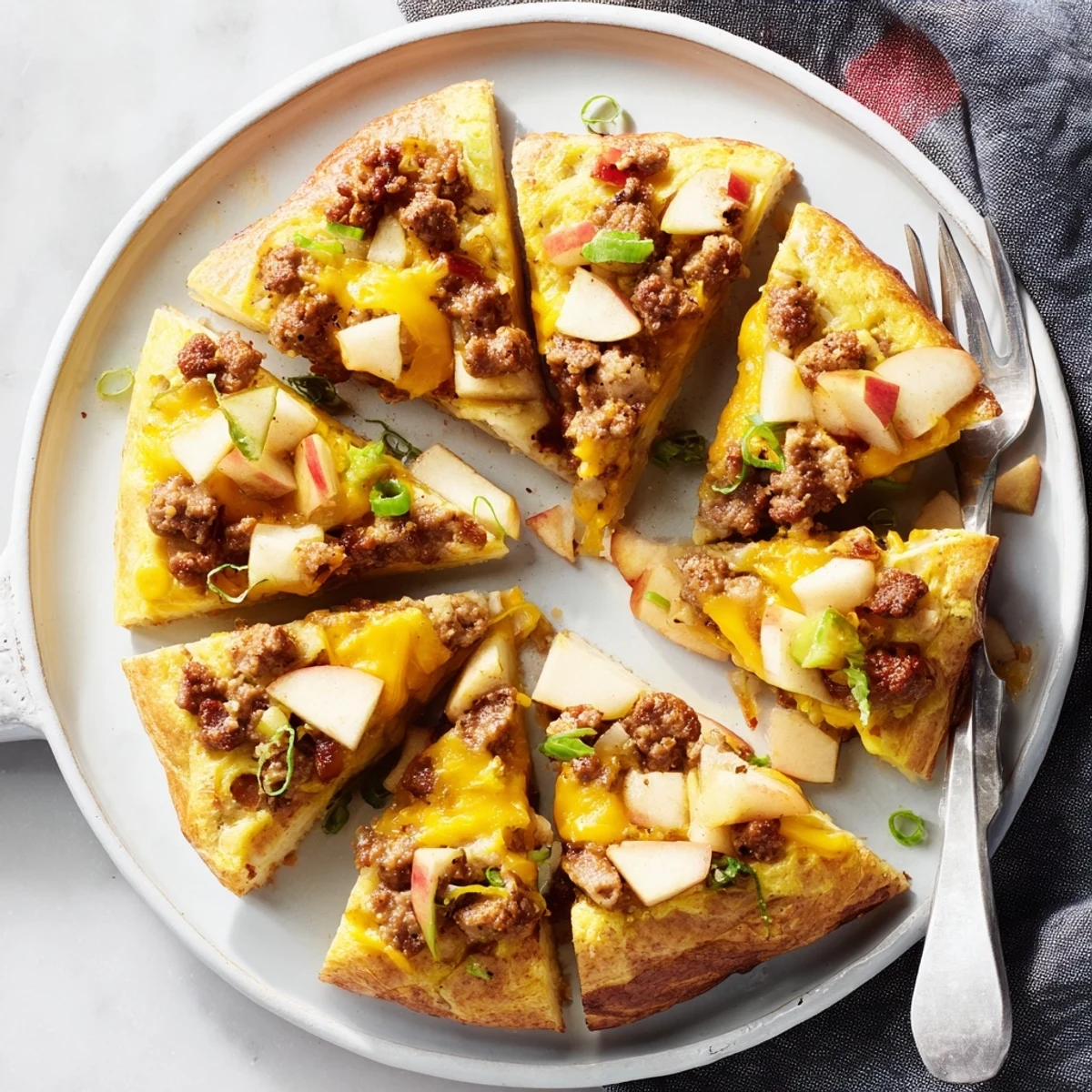 A rustic close-up of a bubbling Savory Apple, Sausage, and Cheddar Scone Skillet, ready for serving after baking.
