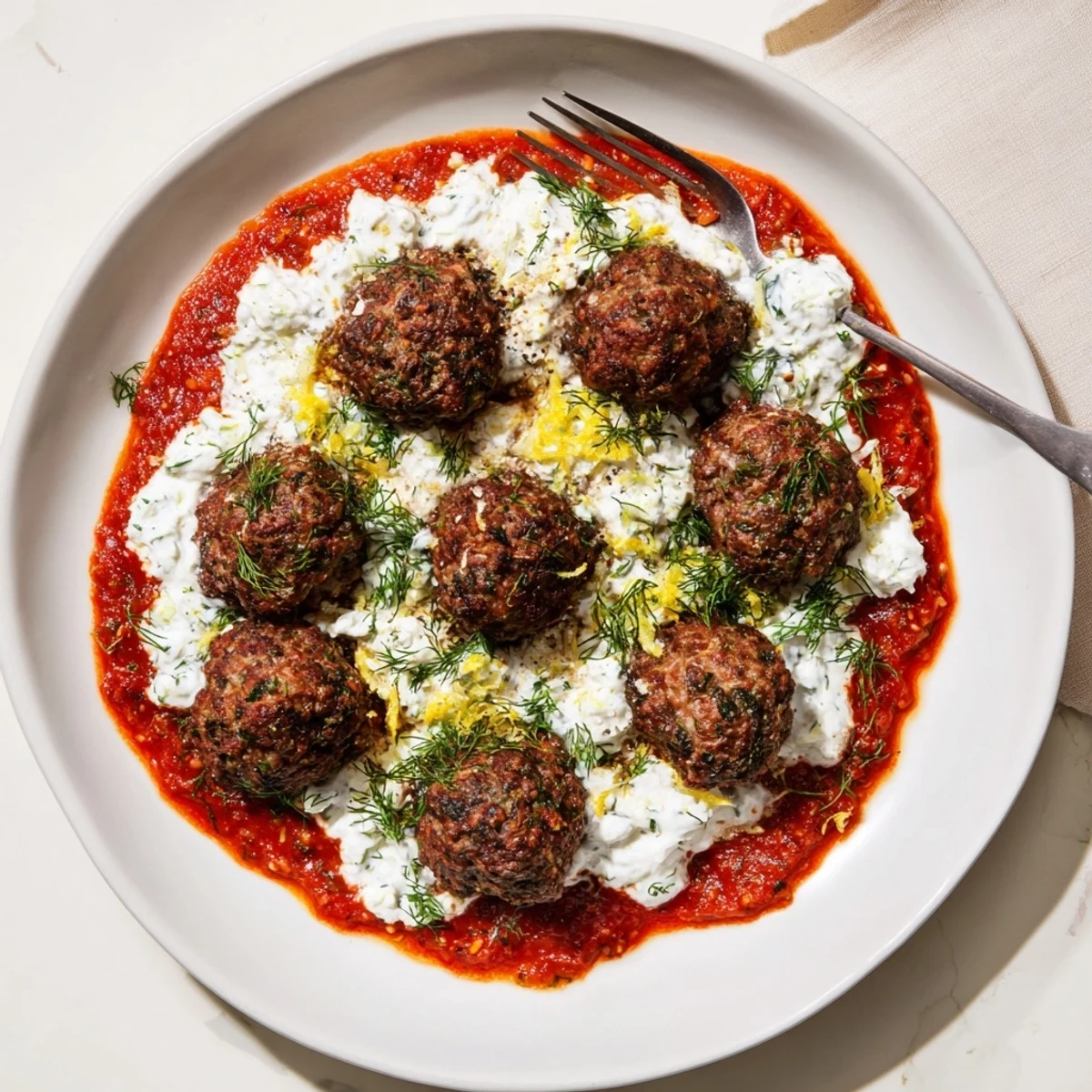 Close up revealing Instant Pot Greek-Style Meatballs, bright with fresh herbs and a tangy lemon-feta drizzle.