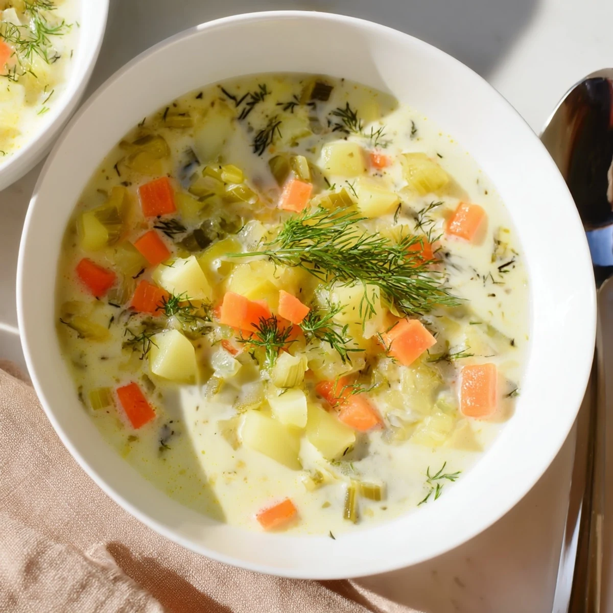 Spoonful of Creamy Dill Pickle Soup - imagine the creamy texture with tangy pickle flavor.