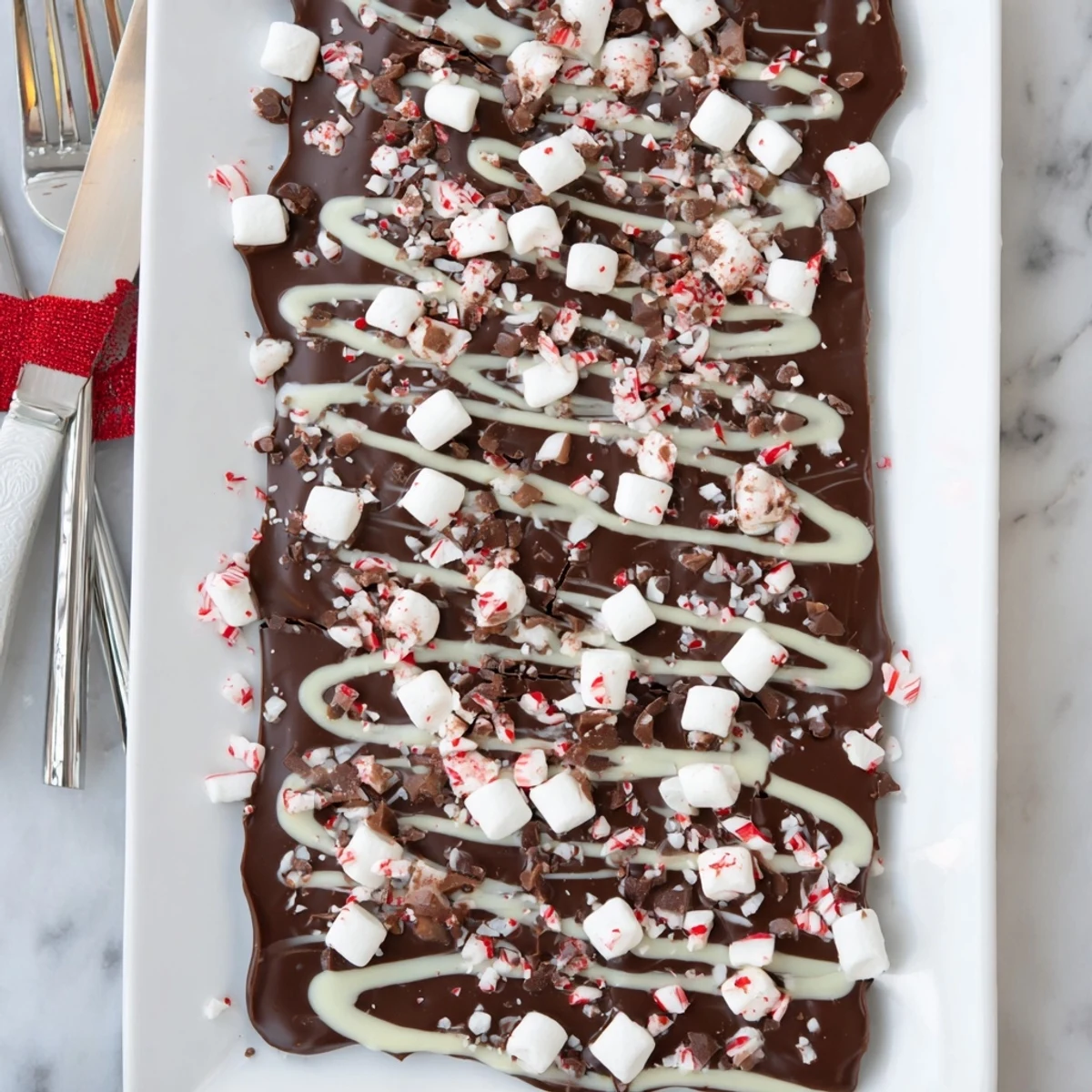 Homemade Hot Chocolate Bomb Bark with white chocolate drizzle, ready to be broken and shared.