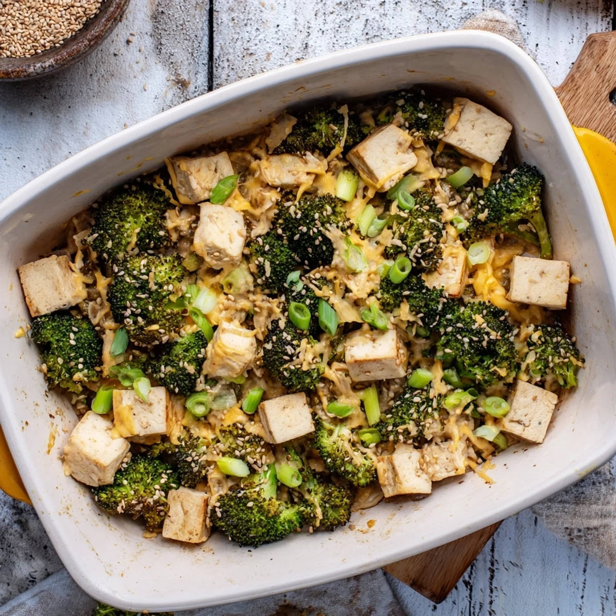 Golden, bubbly Cheesy Baked Tofu and Broccoli, enhanced with sesame ginger, served hot from the oven.