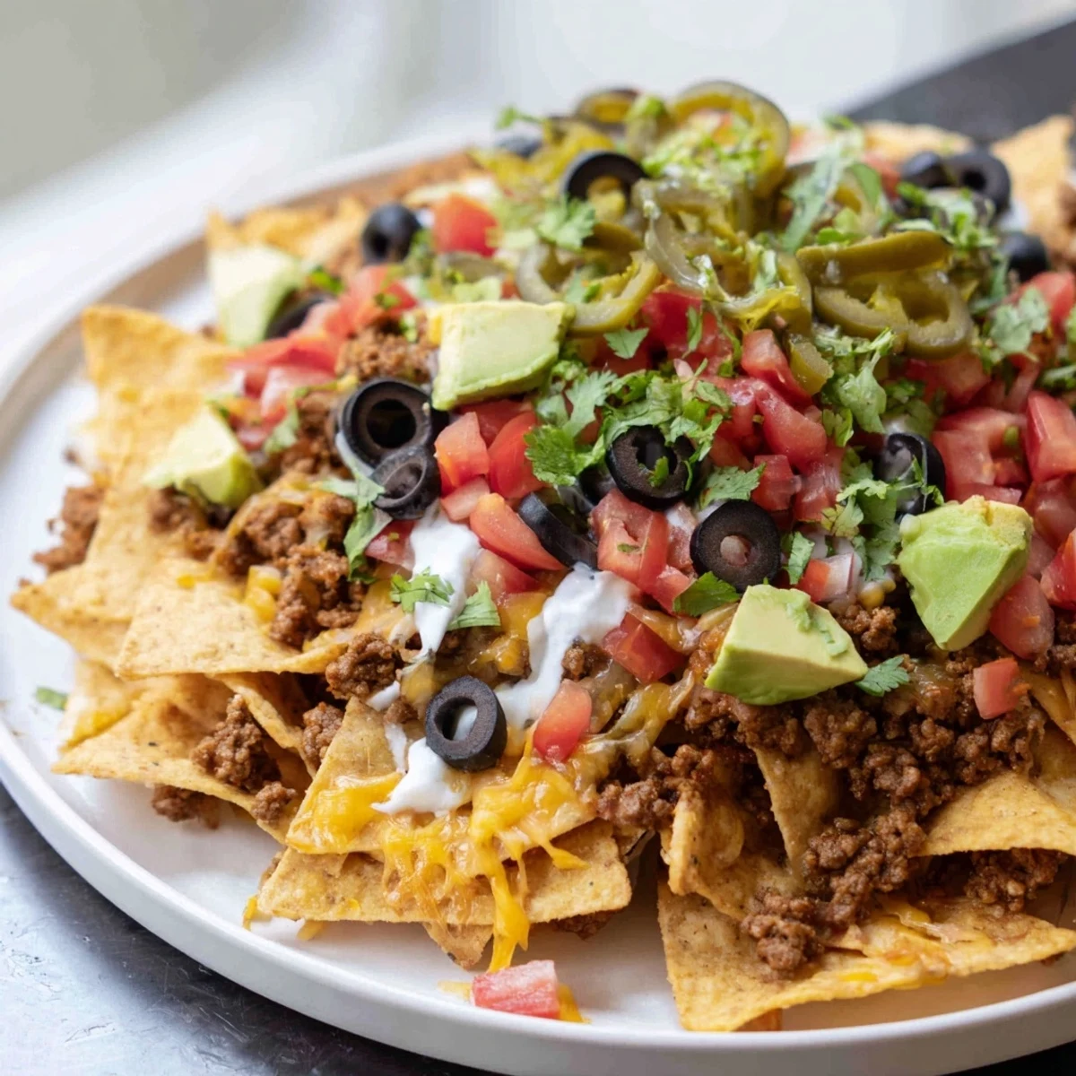 A sizzling sheet pan of Sheet Pan Nachos featuring melted cheese, savory ground beef, and colorful garnishes for a delicious meal.