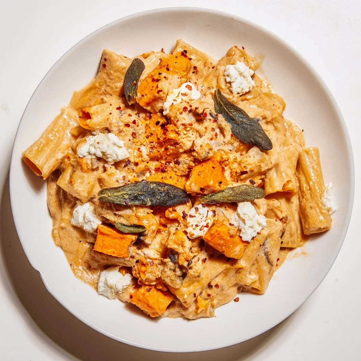 A close-up of creamy Viral Sweet Potato Goat Cheese Sage pasta: savory, herbaceous, and delicious.