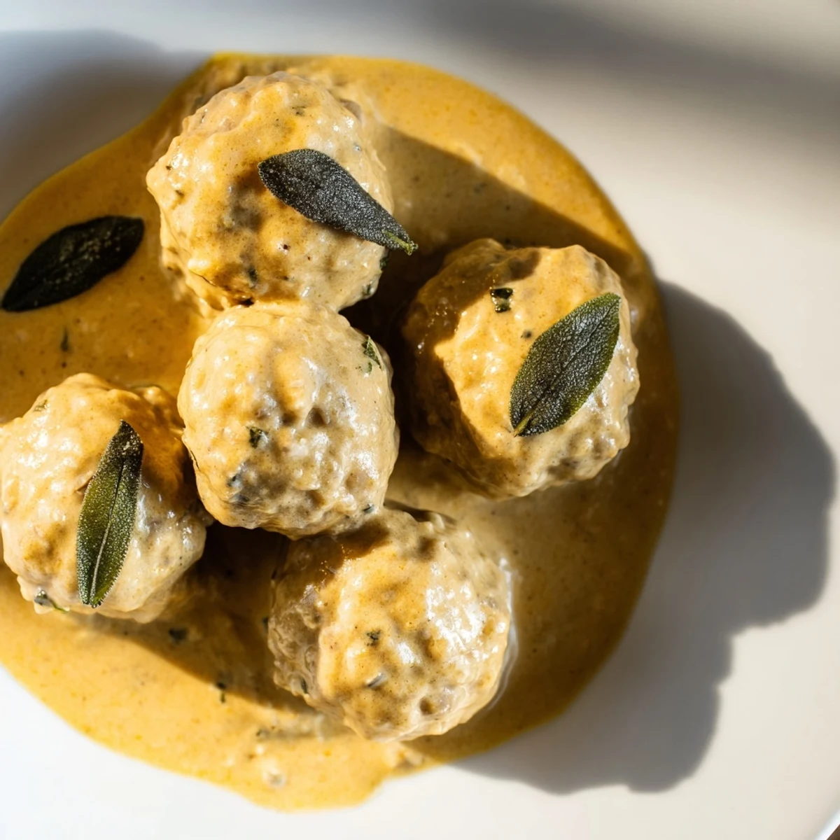 Close-up of Easy Turkey Meatballs, tender and juicy, nestled in a rich pumpkin sage sauce.
