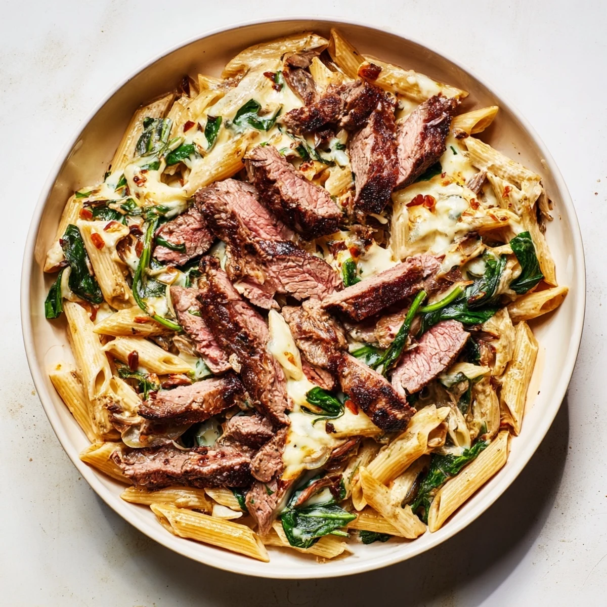 A close-up of a flavorful Steak & Spinach Artichoke Pasta Bake, showcasing tender steak pieces and creamy sauce, perfect for dinner.