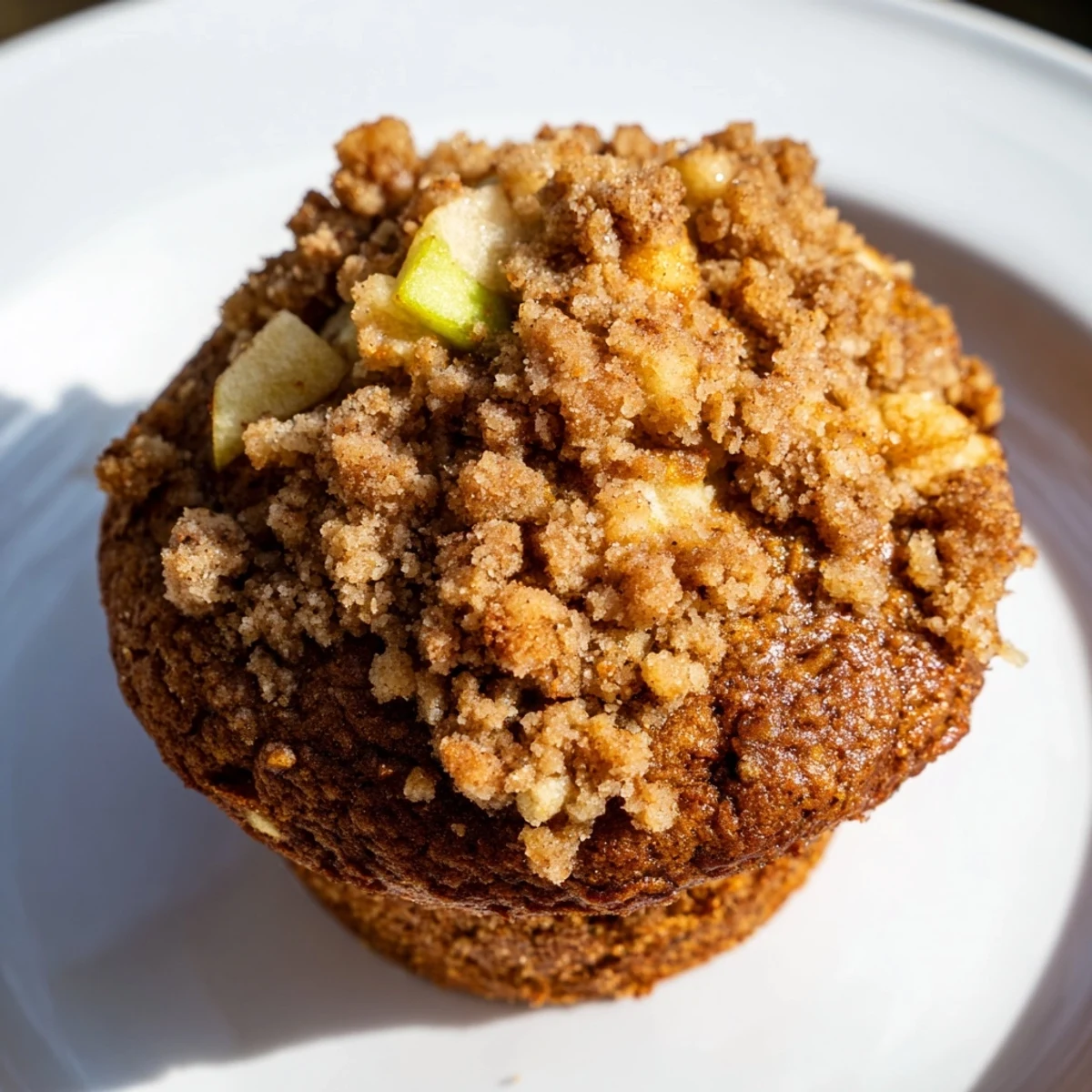 Warm, freshly baked tasty apple muffins with a delicious, crunchy crumb topping sprinkled on top.