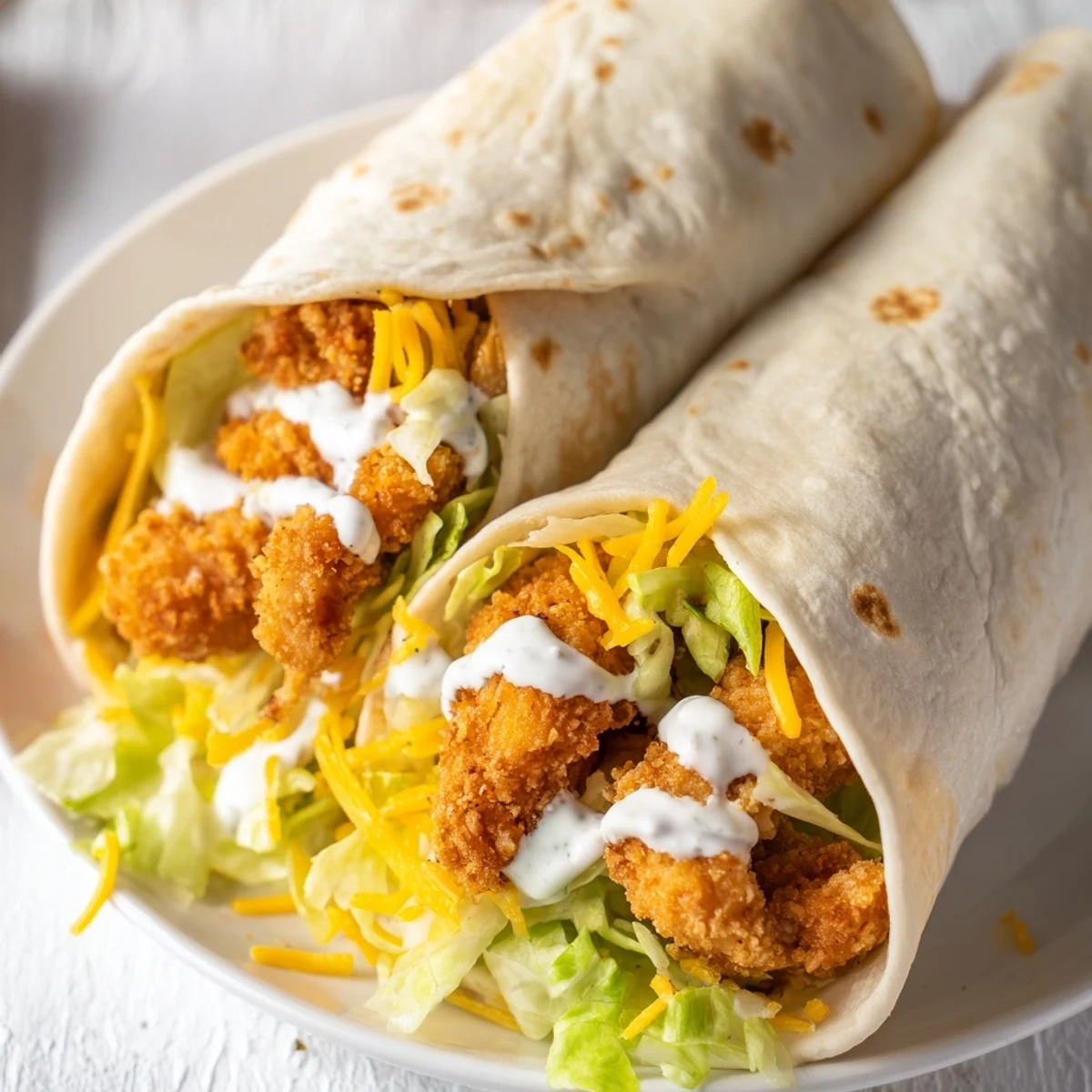 Golden, crispy chicken ranch snack wraps with melted cheese and fresh lettuce, perfect lunch.