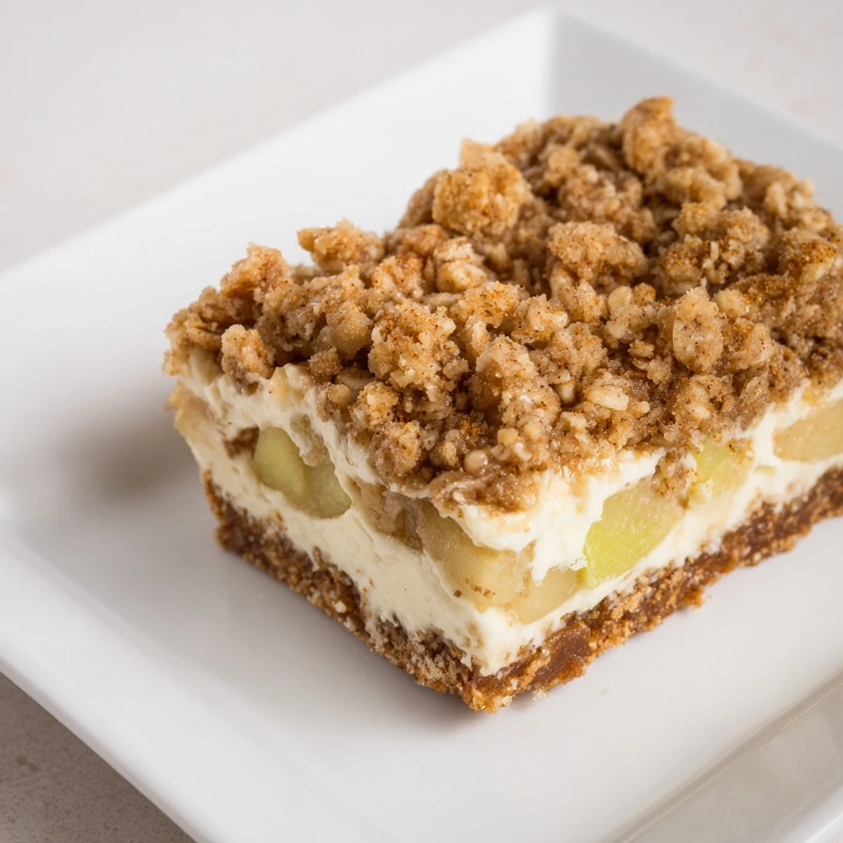 A warm, inviting close-up of freshly baked Apple Crisp Cheesecake Bars, perfect served with ice cream.
