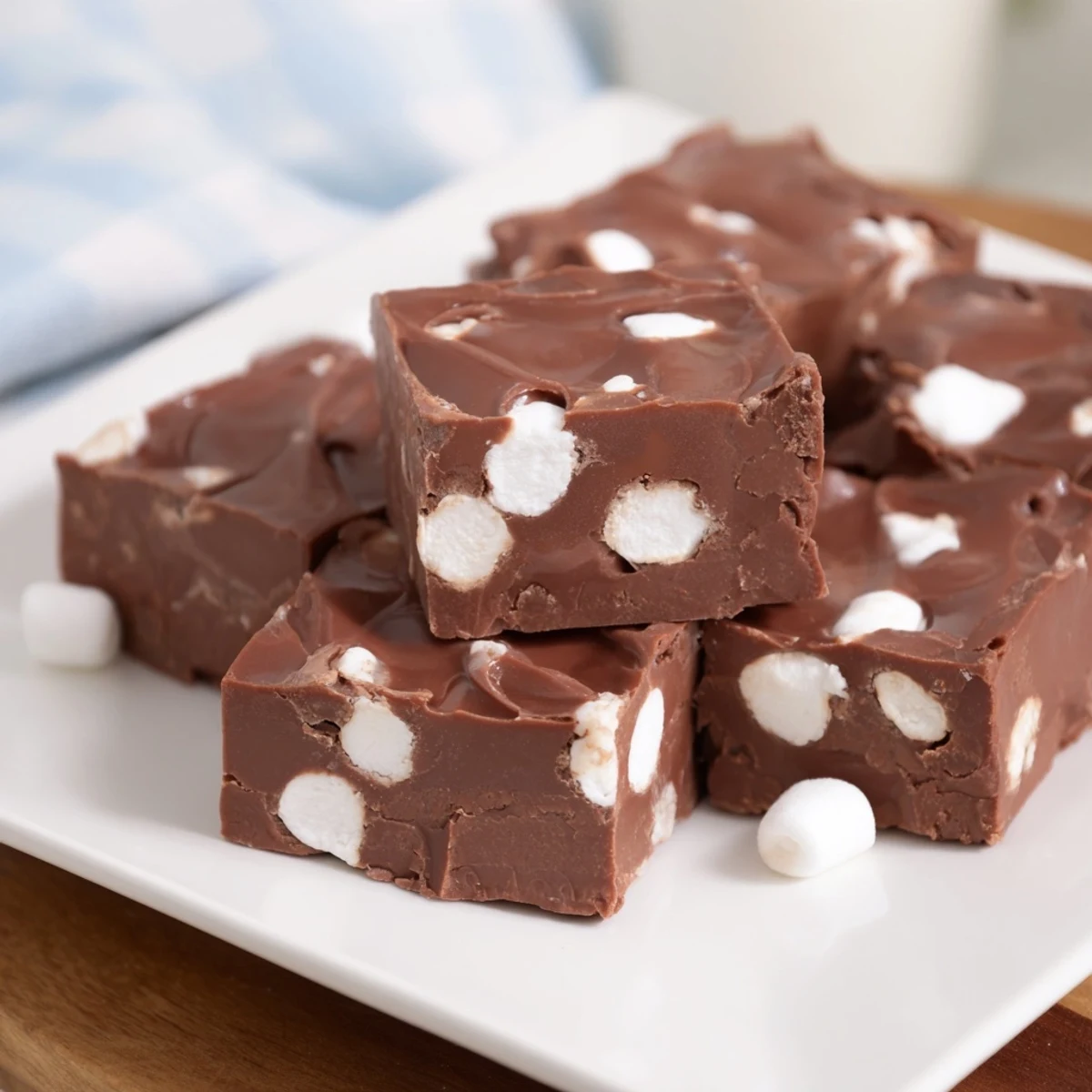 Close-up of decadent Easy Marshmallow Fudge squares, perfect for holiday gifting or a sweet treat.