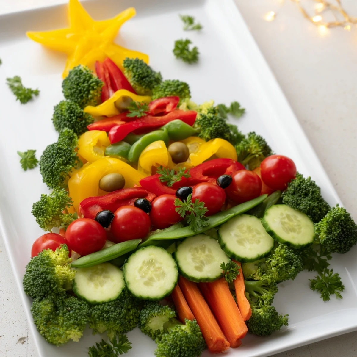 Enjoy a colorful Healthy Christmas Veggie Platter Tree, visually stunning with fresh vegetables.