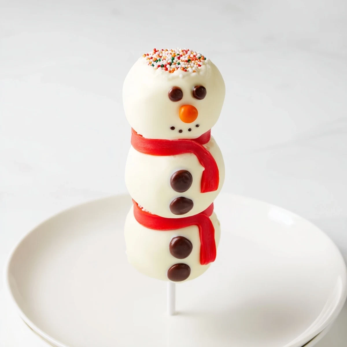 Express Snowman Marshmallow Pops coated in white chocolate, ready to be decorated with festive faces.