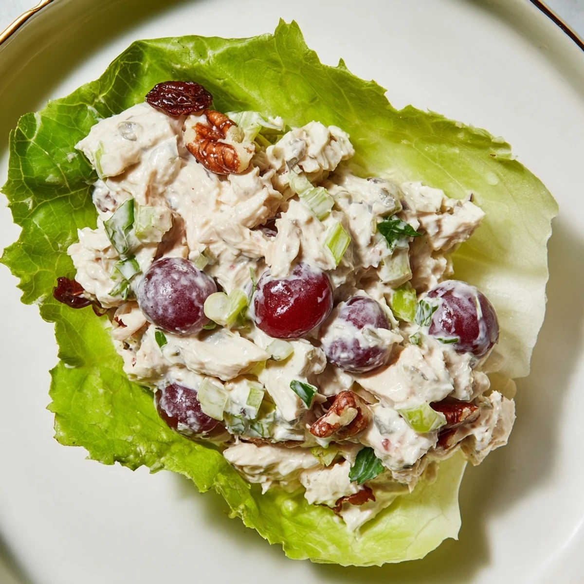 Creamy, flavorful Festive Chicken Salad Cups, garnished with herbs, offer a delightful bite.