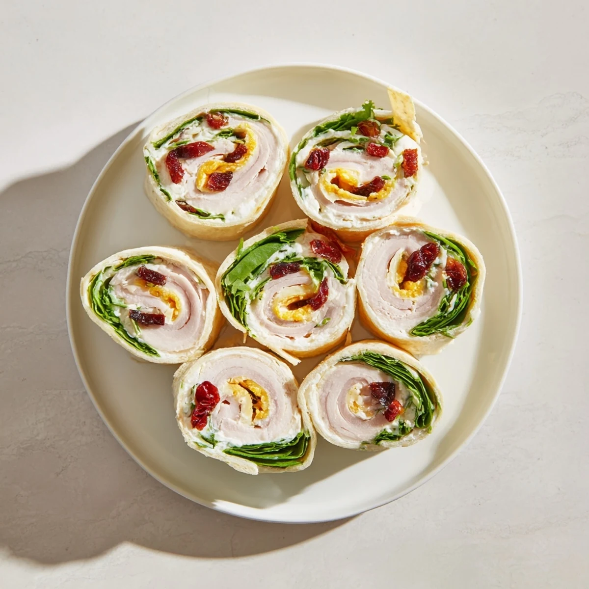 Appetizing photo of fresh Turkey Cranberry Pinwheels, ready to serve with colorful cranberry and spinach filling.