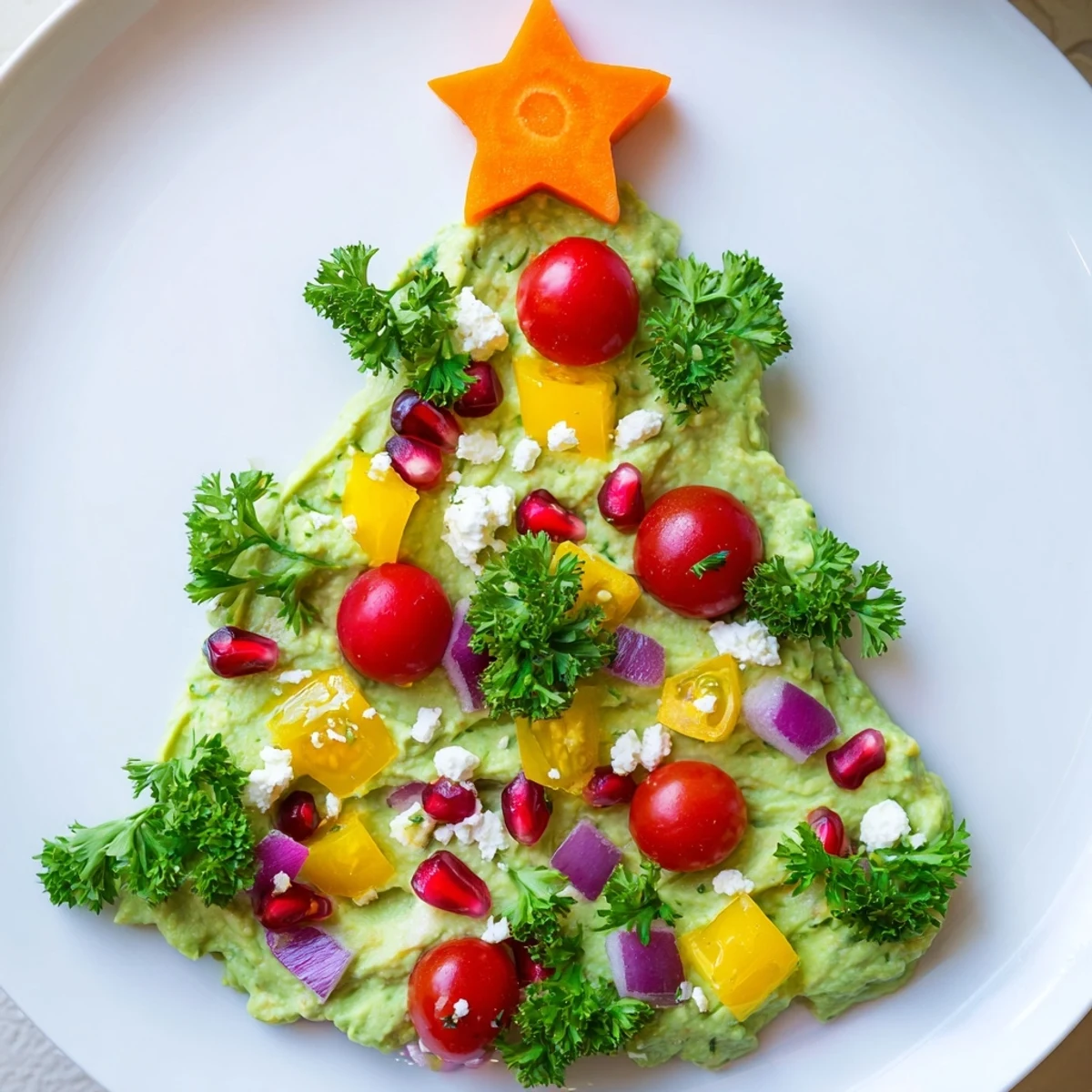 Vivid close-up shows a festive Whipped Avocado Christmas Tree Dip with colorful veggie "ornaments".