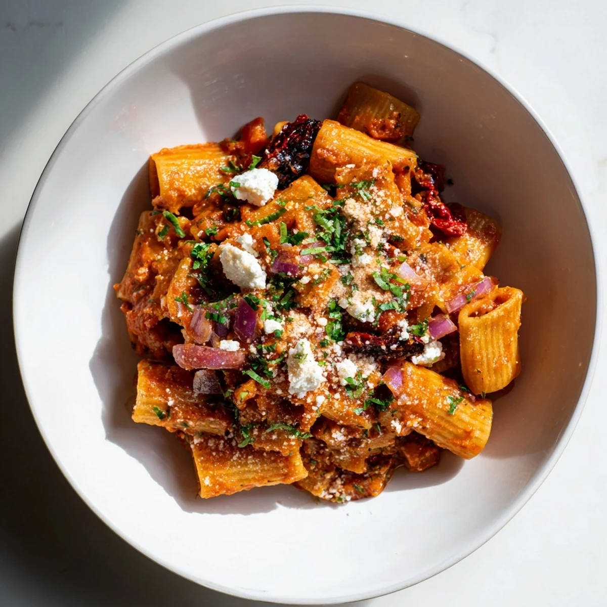 Oven-baked Mediterranean Baked Garlic & Herb Pasta featuring creamy feta, a comforting main dish with vibrant flavors.