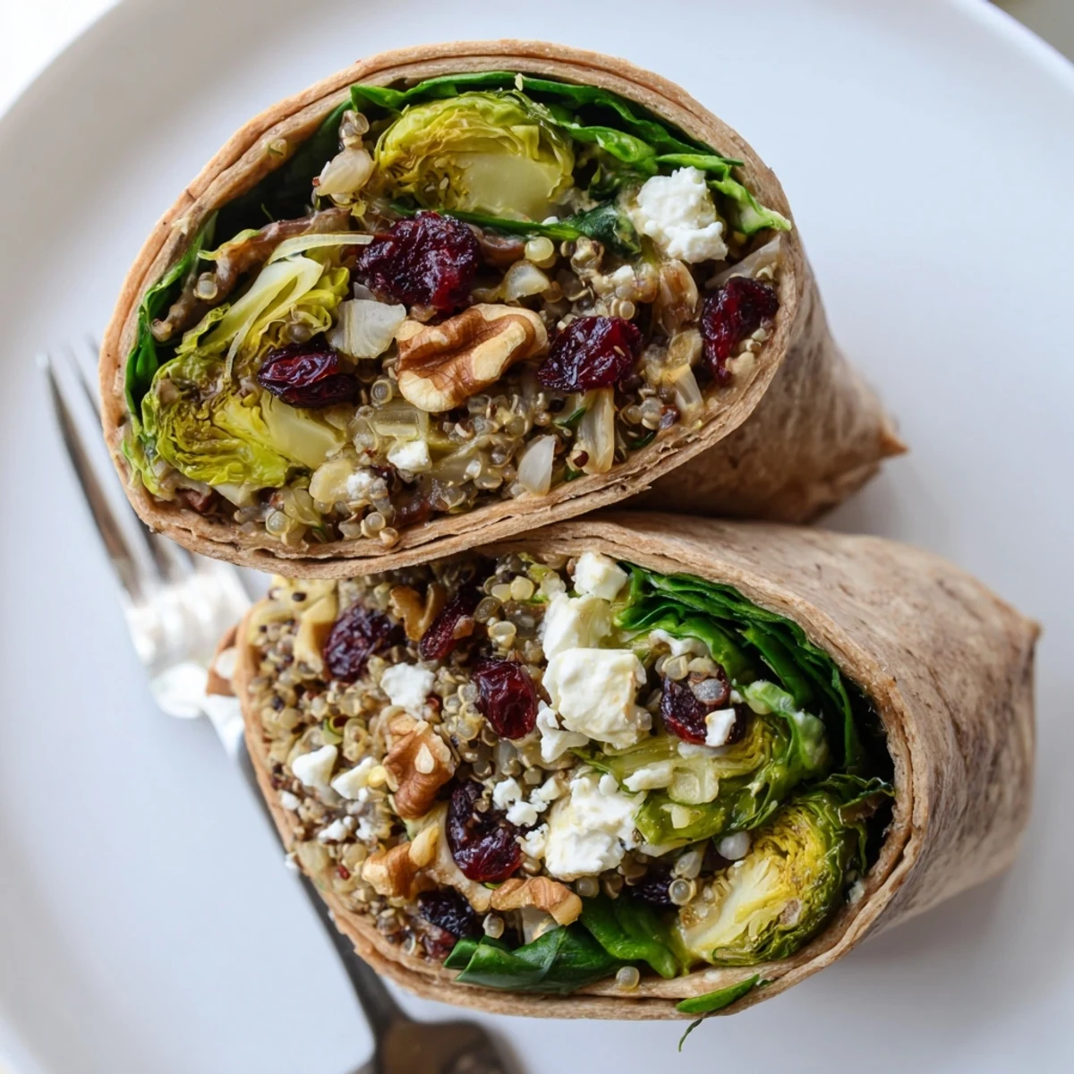 Golden, roasted Brussels sprouts and cranberry grain wrap, bursting with textures and flavors in every bite.