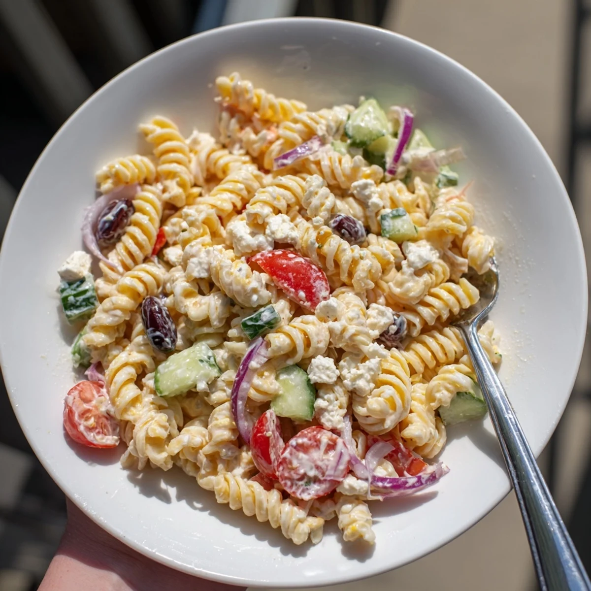 A vibrant bowl of creamy Greek Yogurt Million Dollar Christmas Pasta Salad, ready to serve and enjoy.