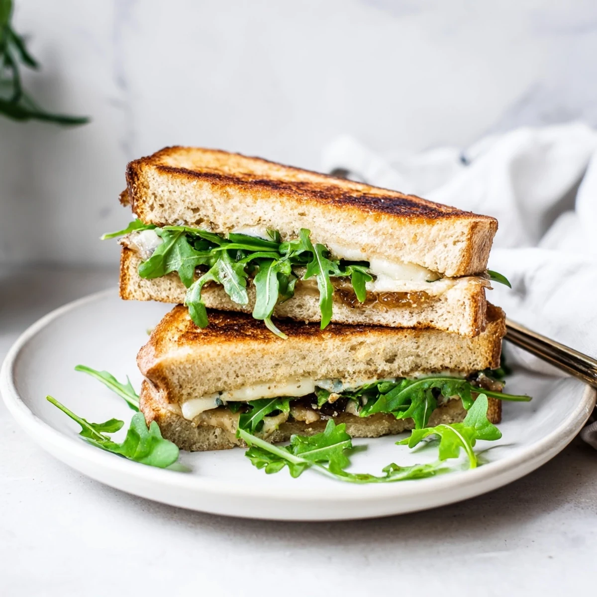 Crispy sourdough surrounds a melty, dreamy Fig, Brie & Arugula Grilled Cheese, perfect for lunch.