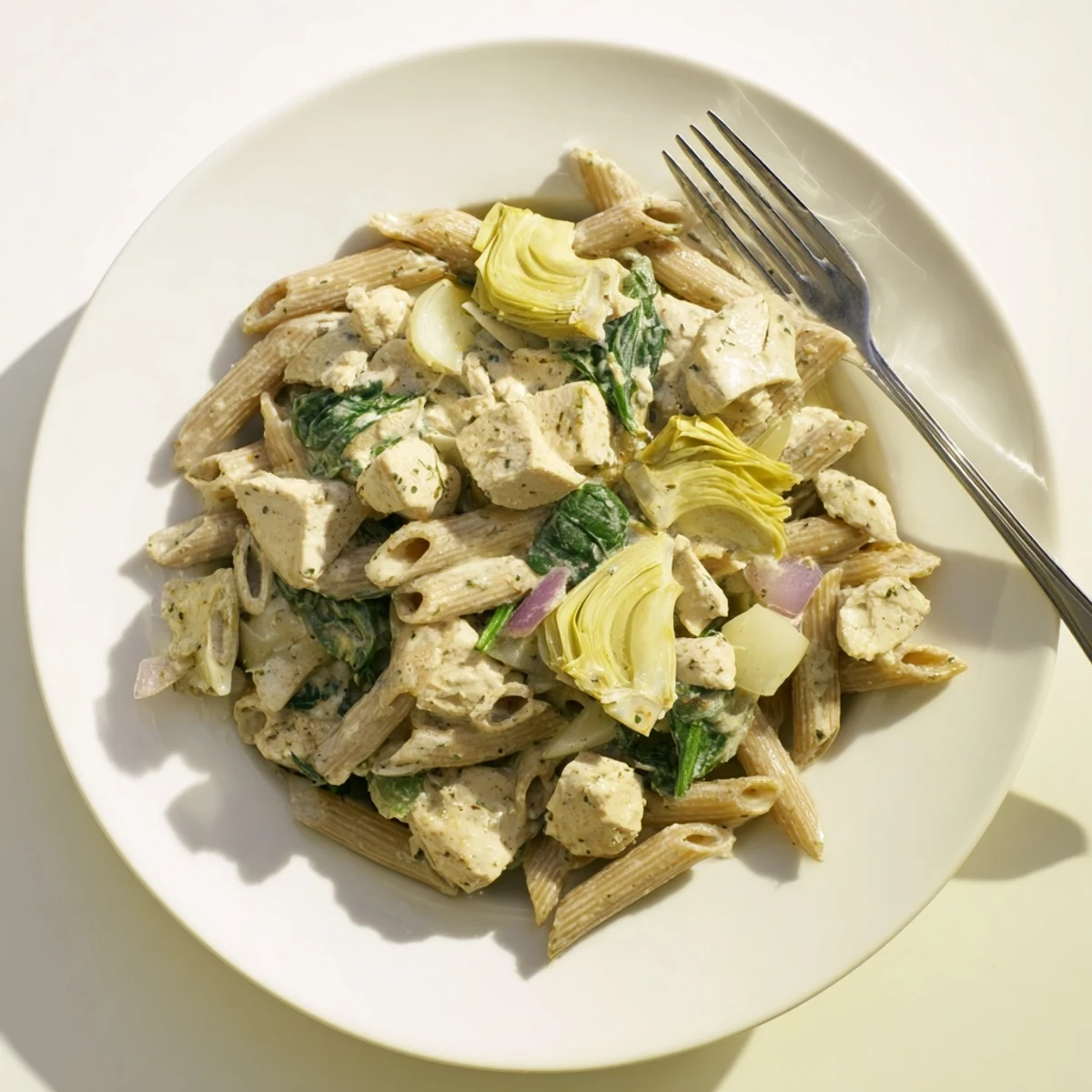 Creamy Spinach Artichoke Protein Pasta Skillet: a one-pan meal with a rich, white creamy sauce and greens.