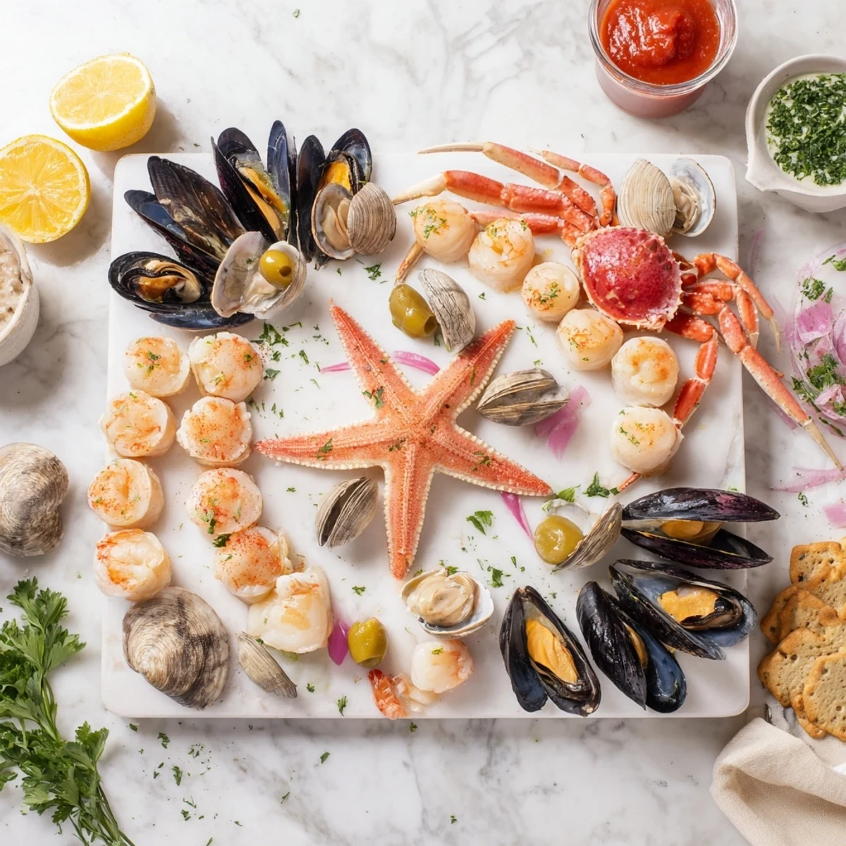 Starfish & Shell Appetizer Board overflowing with chilled seafood and dipping sauces, ready to be enjoyed.
