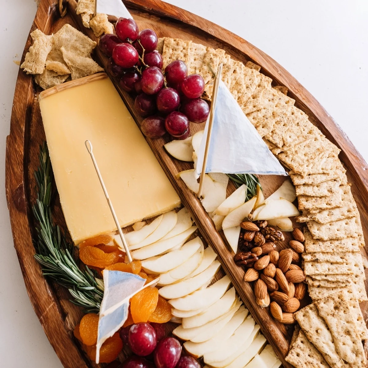 Sailboat Cheese Platter with colorful fruits, nuts, and crackers arranged beautifully for an appetizer.
