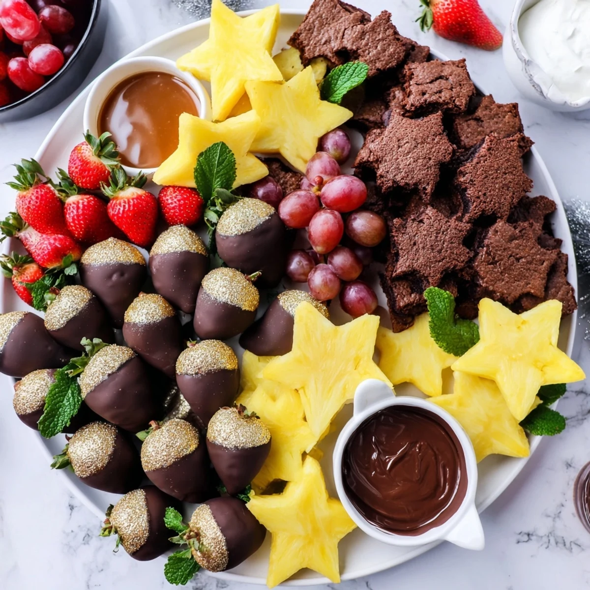 This stunning Star-Studded Dessert Board displays mini pastries, fresh fruit, and rich dips for a party.